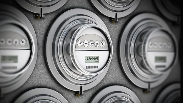 Energy efficient smart electric meters in a row. 3D illustration.