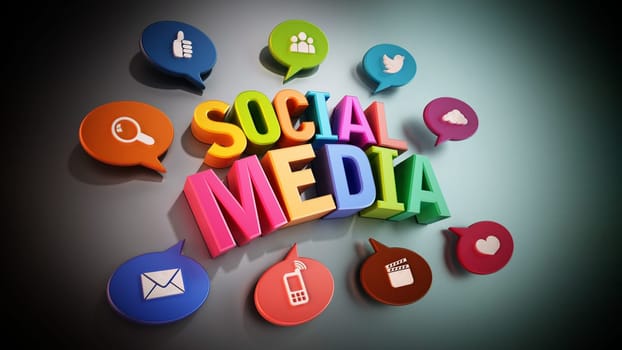 Speech balloons with technology icons around social media text. 3D illustration.