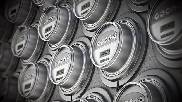 Energy efficient smart electric meters in a row. 3D illustration.