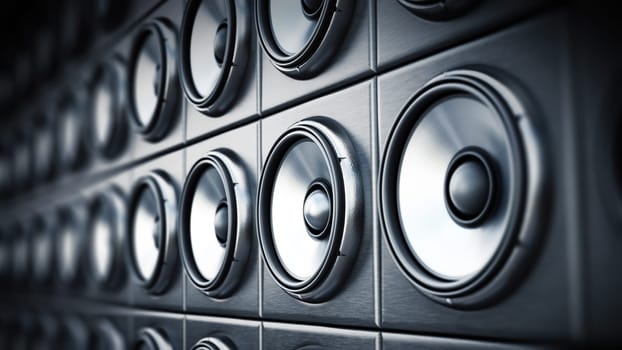 Group of black and silver loudspeaker. 3D illustration.