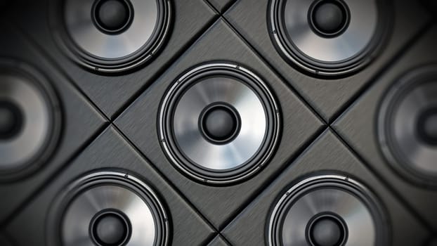 Group of black and silver loudspeaker. 3D illustration.