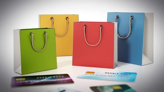 Shopping bags and generic credit cards isolated on white background. All information on the cards are fictitious. 3D illustration.