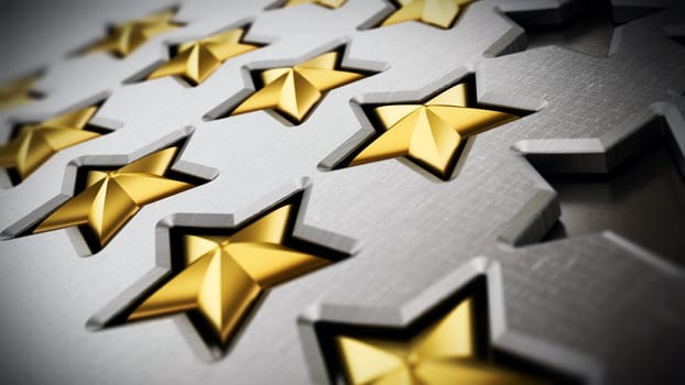 Rating stars table with 5,4,3,2,1 stars. 3D illustration.