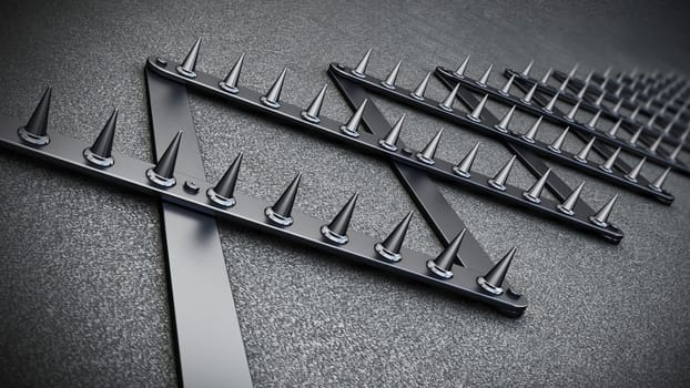 Road spike or tire trap on asphalt background. 3D illustration.