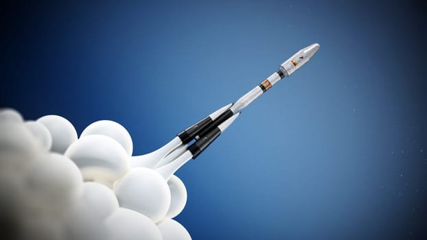Space rocket ship launching to space. 3D illustration.