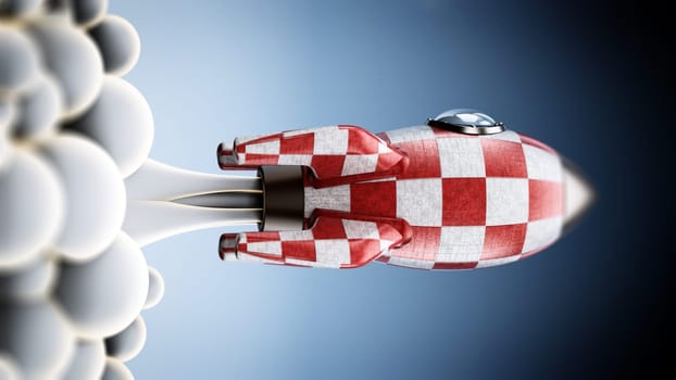 Vintage rocket ship launching to space. 3D illustration.