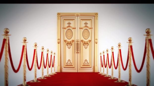 Red carpet and velvet ropes leading to the golden door. 3D illustration.