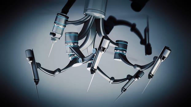 Robotic arms for robotic assisted surgery isolated on gray background. 3D illustration.