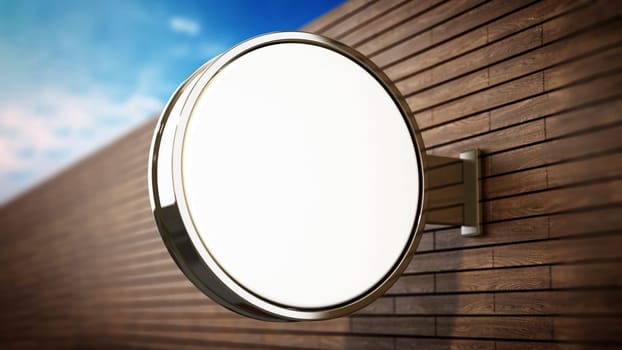 Blank round signboard attached to the wall. 3D illustration.