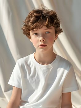 Boy's White Short Sleeve Round Neck T-Shirt Mockup It is a useful tool for clothing designers to help visualize T-shirts before actual production Save time and money and makes it easier to decide.
