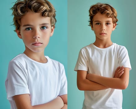 Boy's White Short Sleeve Round Neck T-Shirt Mockup It is a useful tool for clothing designers to help visualize T-shirts before actual production Save time and money and makes it easier to decide.
