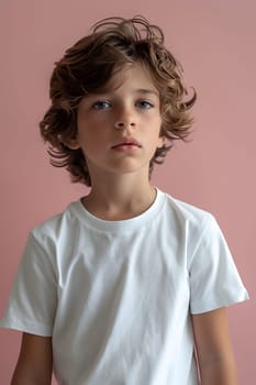 Boy's White Short Sleeve Round Neck T-Shirt Mockup It is a useful tool for clothing designers to help visualize T-shirts before actual production Save time and money and makes it easier to decide.
