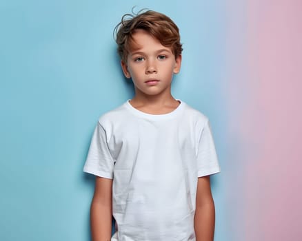 Boy's White Short Sleeve Round Neck T-Shirt Mockup It is a useful tool for clothing designers to help visualize T-shirts before actual production Save time and money and makes it easier to decide.