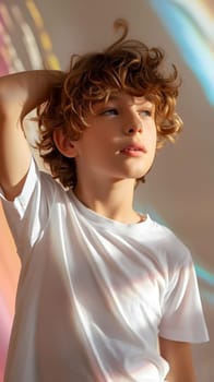 Boy's White Short Sleeve Round Neck T-Shirt Mockup It is a useful tool for clothing designers to help visualize T-shirts before actual production Save time and money and makes it easier to decide.
