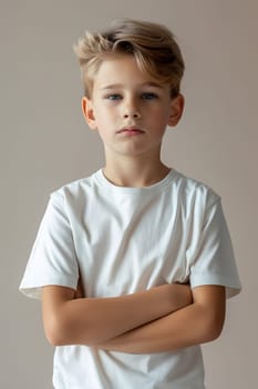 Boy's White Short Sleeve Round Neck T-Shirt Mockup It is a useful tool for clothing designers to help visualize T-shirts before actual production Save time and money and makes it easier to decide.