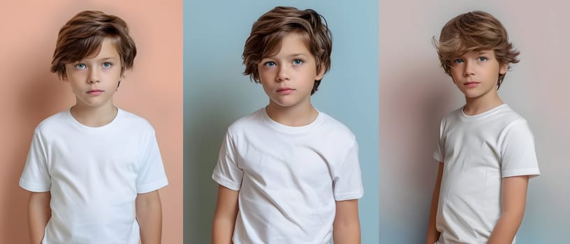 Boy's White Short Sleeve Round Neck T-Shirt Mockup It is a useful tool for clothing designers to help visualize T-shirts before actual production Save time and money and makes it easier to decide.