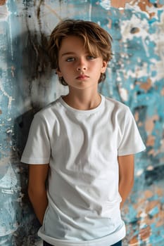Boy's White Short Sleeve Round Neck T-Shirt Mockup It is a useful tool for clothing designers to help visualize T-shirts before actual production Save time and money and makes it easier to decide.