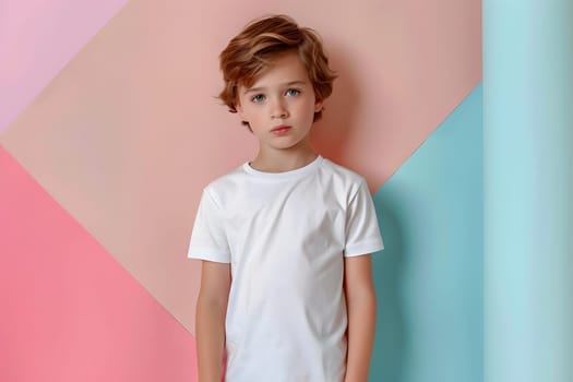 Boy's White Short Sleeve Round Neck T-Shirt Mockup It is a useful tool for clothing designers to help visualize T-shirts before actual production Save time and money and makes it easier to decide.