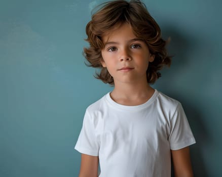 Boy's White Short Sleeve Round Neck T-Shirt Mockup It is a useful tool for clothing designers to help visualize T-shirts before actual production Save time and money and makes it easier to decide.