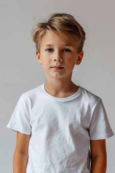 Boy's White Short Sleeve Round Neck T-Shirt Mockup It is a useful tool for clothing designers to help visualize T-shirts before actual production Save time and money and makes it easier to decide.