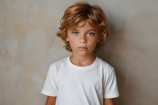 Boy's White Short Sleeve Round Neck T-Shirt Mockup It is a useful tool for clothing designers to help visualize T-shirts before actual production Save time and money and makes it easier to decide.