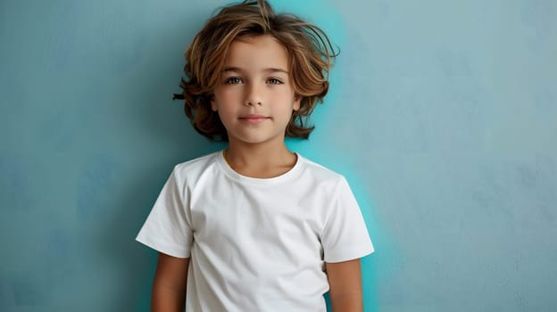 Boy's White Short Sleeve Round Neck T-Shirt Mockup It is a useful tool for clothing designers to help visualize T-shirts before actual production Save time and money and makes it easier to decide.