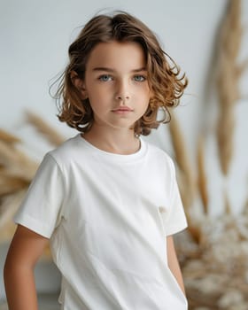 Boy's White Short Sleeve Round Neck T-Shirt Mockup It is a useful tool for clothing designers to help visualize T-shirts before actual production Save time and money and makes it easier to decide.