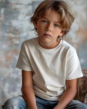 Boy's White Short Sleeve Round Neck T-Shirt Mockup It is a useful tool for clothing designers to help visualize T-shirts before actual production Save time and money and makes it easier to decide.