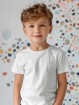 Boy's White Short Sleeve Round Neck T-Shirt Mockup It is a useful tool for clothing designers to help visualize T-shirts before actual production Save time and money and makes it easier to decide.