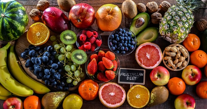 Food products representing the fruitarian diet. Fruitarianism