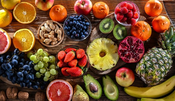 Food products representing the fruitarian diet. Fruitarianism