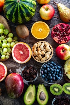 Food products representing the fruitarian diet. Fruitarianism