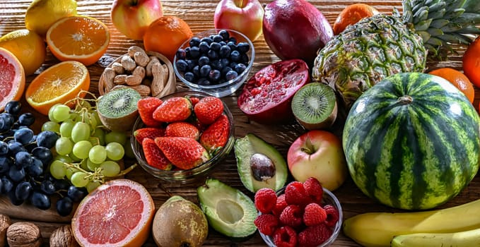 Food products representing the fruitarian diet. Fruitarianism