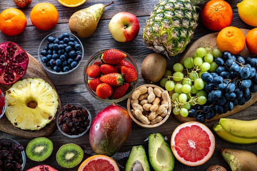 Food products representing the fruitarian diet. Fruitarianism