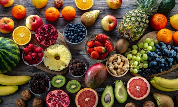 Food products representing the fruitarian diet. Fruitarianism