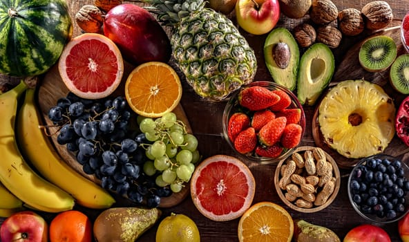 Food products representing the fruitarian diet. Fruitarianism