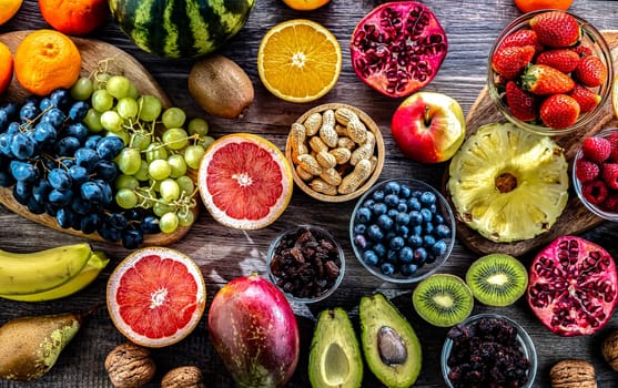 Food products representing the fruitarian diet. Fruitarianism