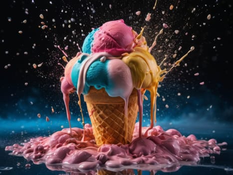 Fruit ice cream in cone on table with abstract sky as background. Milk splashing. G