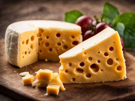 Tasty Swiss food, block of medium-hard yellow cheese emmental or emmentaler with round holes