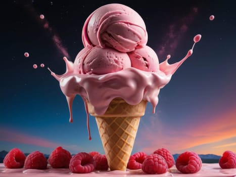 Fruit ice cream in cone on table with abstract sky as background. Milk splashing. G