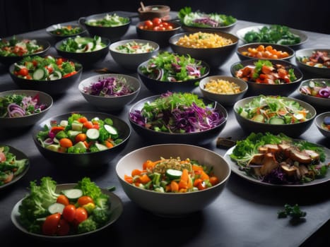 An assortment of salads on a buffet table. Fresh mixed salad arranged on a white table with glasses cutlery and plates. Focus on fresh mixed salad.