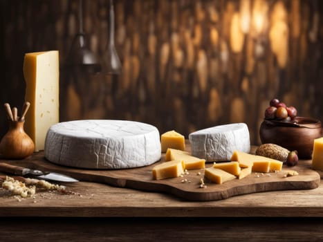 Assortment of cheese with fruits, grapes, nuts, glass with wine and cheese knife
