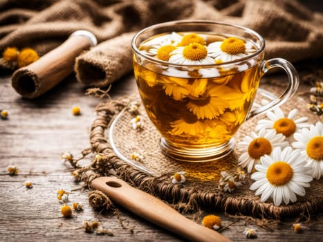 Herbal chamomile tea and chamomile flowers. Rural table. Chamomile flowers scatered. High contrast