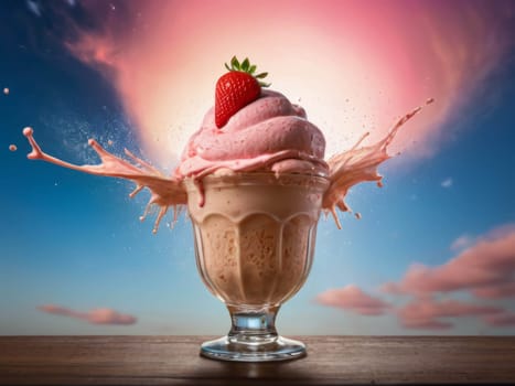 Fruit ice cream in glass on table with abstract sky as background. Milk splashing. G