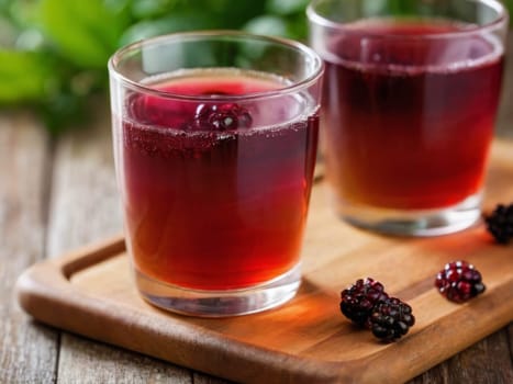 Iced drink -  cranberry tea or juice with ice and mint . On rustic wooden table