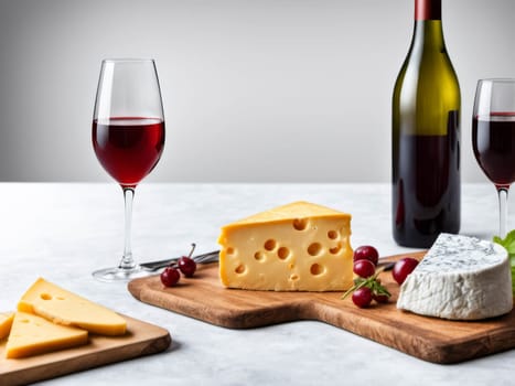 Assortment of cheese with fruits, grapes, nuts, glass with wine and cheese knife