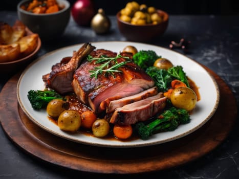 Barbecue pork steak slices on white plate. Delicious pork steak for lunch or dinner on wood table. Moist and soft homemade pork barbecue served with mash potato barbecue sauce and vegetable.