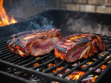 Assorted delicious grilled meat with vegetable over the coals on a barbecue.Steak grilling on fire. Process of cooking meat. Steak on barbecue. Preparation of appetizing pork outside. Cooking of pork meat. Barbecue lunch outdoors. Process of cooking pork meat on fire