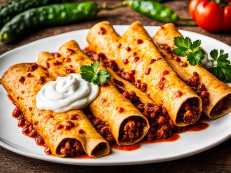 Mexican enchiladas with chicken, vegetables, corn, beans, tomato sauce and cheese. Served in baking tray. Mexican food. Latin American cuisine. Black background, top view, copy space