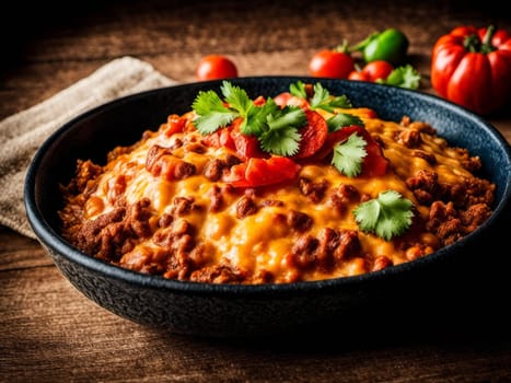 dish with traditional mexican food enchiladas. Mexican enchiladas with chicken, vegetables, corn, beans, tomato sauce and cheese. Served in baking tray. Mexican food. Latin American cuisine. Black background, top view, copy space
